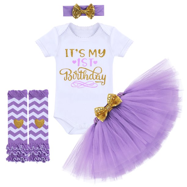 Baby Girls 1st Birthday Cake Smash Outfit Princess Romper + Tutu Skirt + Headband + Leg Warmers Clothes Set, 4-Piece