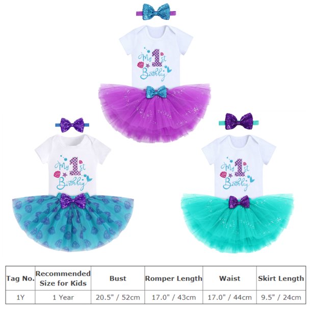 Baby Girls Mermaid 1st Birthday Cake Smash Outfit Princess Romper + Tutu Skirt + Shiny Bowknot Headband Leisure Clothes Set, 3-Piece