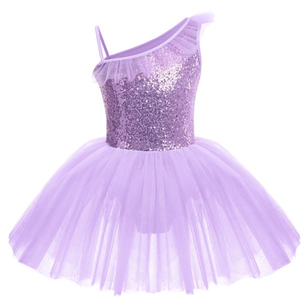 Kid Girls Sequins Ruffle One Shoulder Ballet Dance Dress Tulle Tutu Skirt