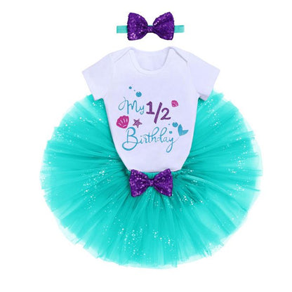 Baby Girls Mermaid 1st Birthday Cake Smash Outfit Princess Romper + Tutu Skirt + Shiny Bowknot Headband Leisure Clothes Set, 3-Piece