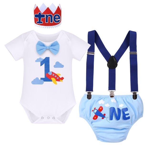 Baby Boys Wild One First Birthday Outfit, Bow Tie Romper, Suspenders, Short Pants & Headband Cake Smash Leisure Clothes Set, 4-Piece