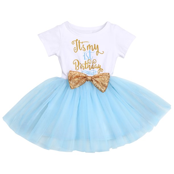 Baby Girls 1st Birthday Leisure Cake Smash Clothes, Short Shiny Letter Printed Sequin Bow Tulle Spliced Tutu Princess Dress