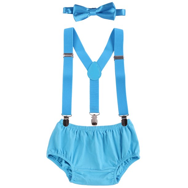 Baby Boys First Birthday Cake Smash Outfit Bloomers Diaper Cover Pants + Suspenders + Bow Tie Clothes Set, 3-Piece