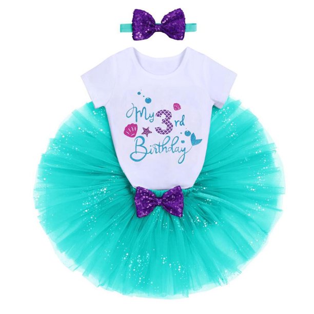 Baby Girls Mermaid 1st Birthday Cake Smash Outfit Princess Romper + Tutu Skirt + Shiny Bowknot Headband Leisure Clothes Set, 3-Piece