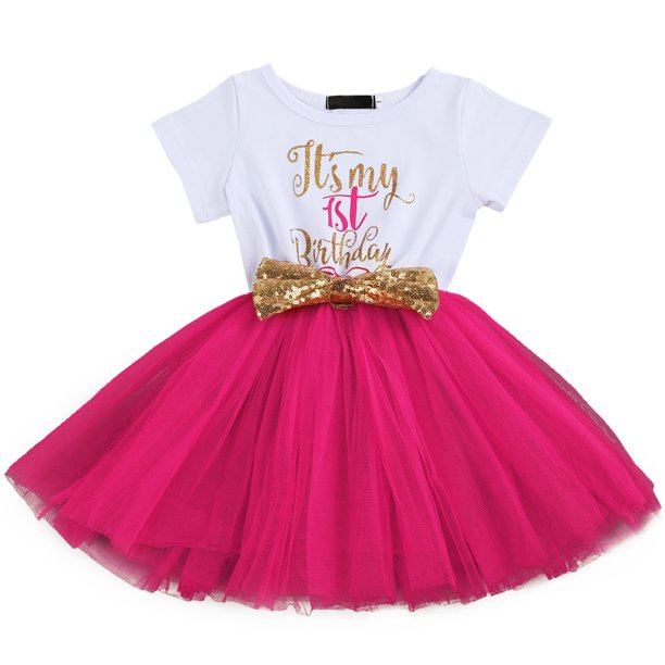 Baby Girls 1st Birthday Leisure Cake Smash Clothes, Short Shiny Letter Printed Sequin Bow Tulle Spliced Tutu Princess Dress