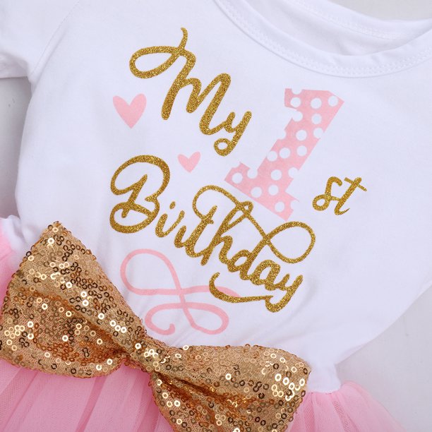 Baby Girls 1st Birthday Leisure Cake Smash Clothes, Short Shiny Letter Printed Sequin Bow Tulle Spliced Tutu Princess Dress